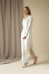 Fashion Studio Portrait of Woman in Elegant White Dress, Luxury Wedding Guest Collection