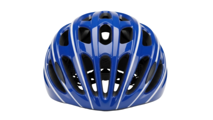 Blue bicycle helmet with white stripes isolated PNG, safety headgear for cycling and outdoor sports on transparent background