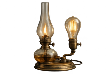 Vintage Lamp with Oil & Electric Bulbs on transparent background.