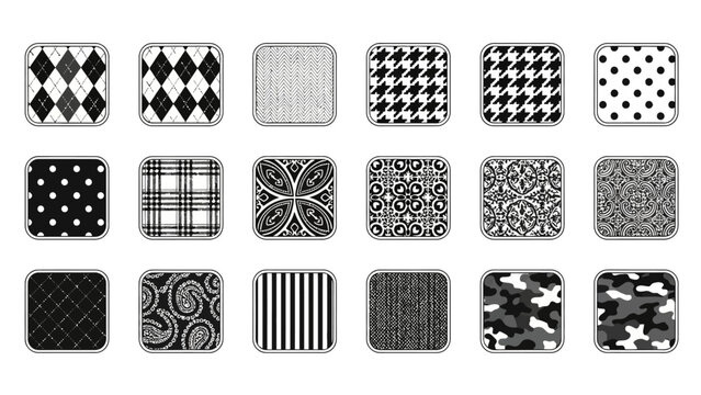 Collection of diverse monochromatic textile patterns arranged in a grid