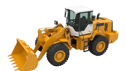 Yellow wheel loader PNG isolated on transparent background, construction equipment for building and excavation projects