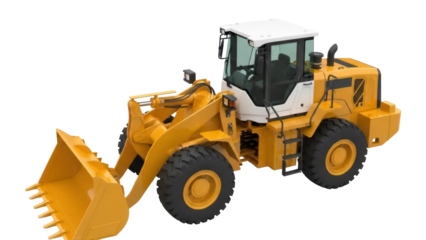 Yellow wheel loader PNG isolated on transparent background, construction equipment for building and excavation projects