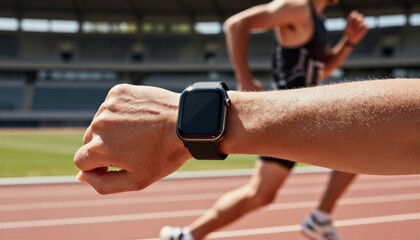Dynamic smartwatch mockup, sporty and energetic, slim smartwatch on runner’s arm, with copy space