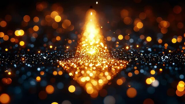 Abstract golden light particles forming an arrow pointing upwards, beautiful bokeh.