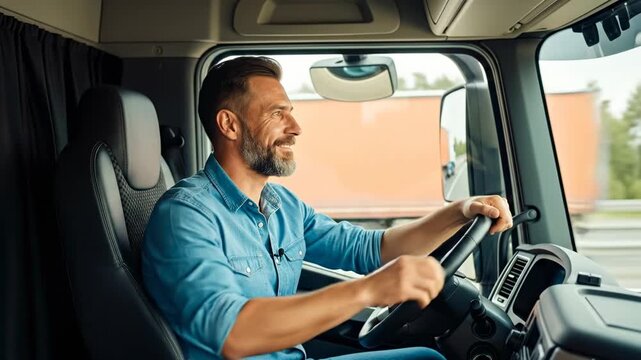 Man driver enjoying successful long haul trip in cargo truck, smiling and giving thumbs up for safe delivery concept.