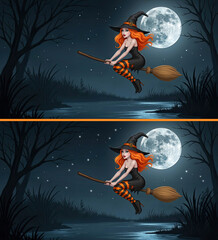 A witch with orange hair and a pointed hat flies through the night on a witch's broomstick, cartoon, set
