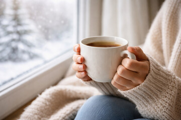 Warm Coffee Cup in Hands by Winter Window