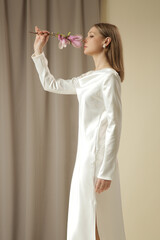 Fashion Studio Portrait of Woman in Elegant White Dress, Luxury Wedding Guest Collection