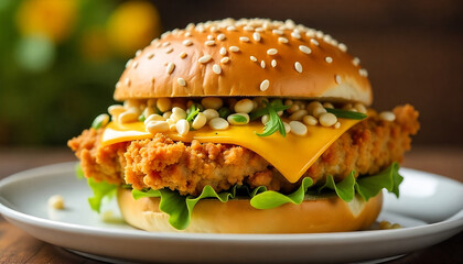A vibrant chicken sandwich on a sesame seed bun, featuring crispy fried chicken, layers of fresh green lettuce, and melted cheddar cheese cascading down the sides, created with generative ai