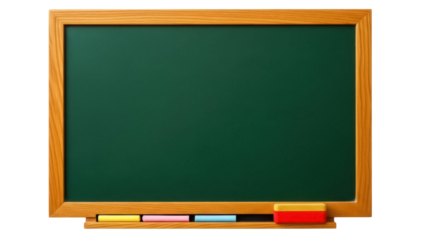 Green chalkboard with chalk and eraser isolated PNG, school board for teaching and learning on transparent background