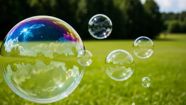 Vibrant Soap Bubbles Floating Over Lush Green Grass Field on a Sunny Day. - Powered by Adobe