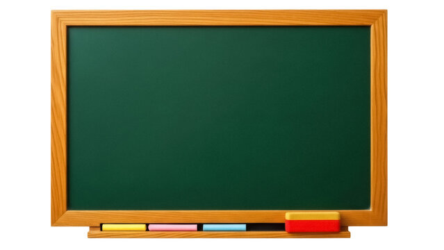 Green chalkboard with chalk and eraser isolated PNG, school board for teaching and learning on transparent background