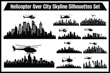 Obraz premium Helicopter Over City Skyline Silhouettes Set