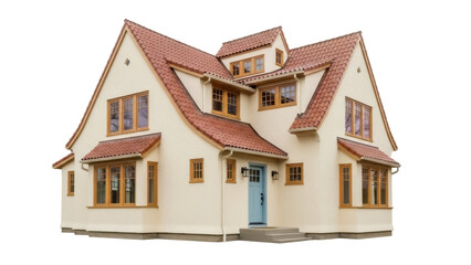 Charming beige house with red tile roof isolated PNG, traditional home architecture on transparent background, real estate asset