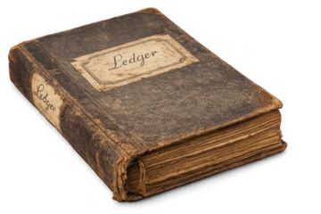 Antique ledger book, old accounting record on transparent background.