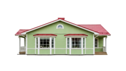 Green wooden house with red roof isolated PNG, Scandinavian style home with porch and windows on transparent background, real estate