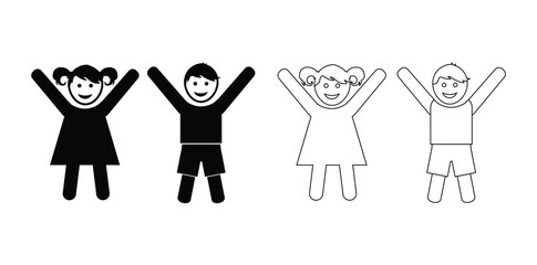 Boy and Girl Children Icons Showing Happy Poses in Flat Silhouette Style. kid icon boy girl Children figures icon in black isolated white background.