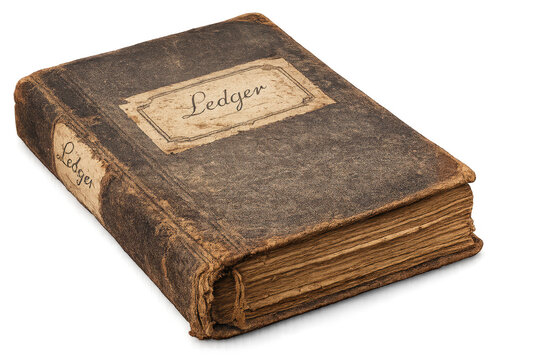 Antique ledger book, old accounting record on transparent background.