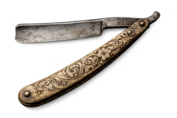 Antique Straight Razor with Ornate Handle, transparent background view