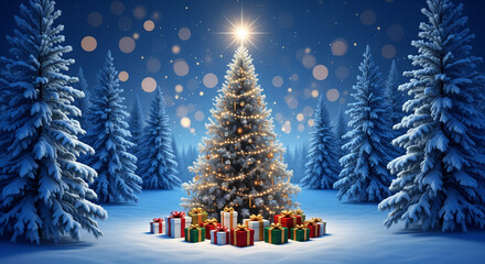 Obraz premium Christmas tree on snow in winter fir forest at night with gift boxes and shiny star