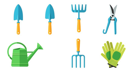 Obraz premium Set of bright colorful cartoon flat design garden tools for planting and gardening