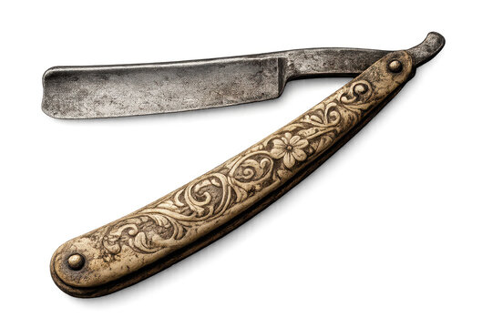 Antique Straight Razor with Ornate Handle, transparent background view