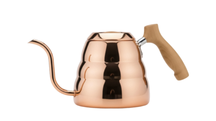 Copper gooseneck kettle isolated PNG on transparent background, pour over coffee maker with wooden handle for barista and home brewing