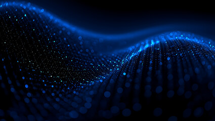 Abstract digital waveform of glowing blue particles in dark space, representing data flow or technology concept