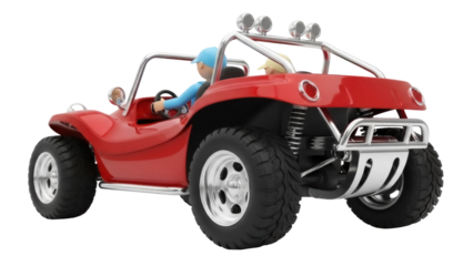 Red dune buggy with driver PNG isolated on transparent background, off-road vehicle for adventure and recreation
