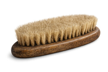 Wooden brush with natural bristles on transparent background close-up