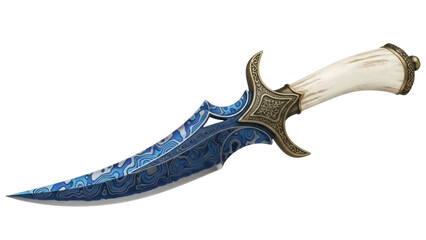 Ornate dagger with blue patterned blade isolated PNG, fantasy weapon with decorative hilt for...