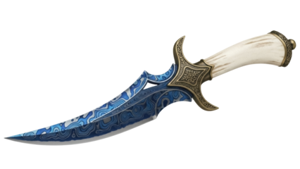 Ornate dagger with blue patterned blade isolated PNG, fantasy weapon with decorative hilt for design elements and historical reenactment