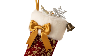 Red velvet Christmas stocking with gold bow and ornaments
