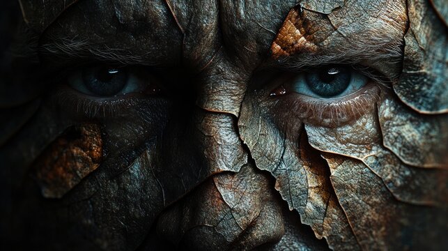Close-up face, bark-like texture