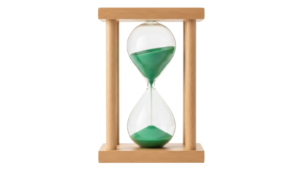 Elegant hourglass with green sand isolated PNG on transparent background, time management concept for deadlines and productivity