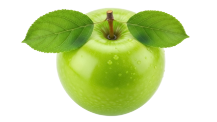 Fresh Granny Smith apple PNG isolated on transparent background, vibrant green fruit with water droplets and leaves for healthy eating concepts