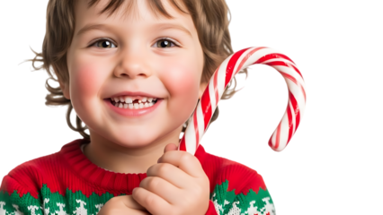 Smiling child in Christmas sweater holding candy cane