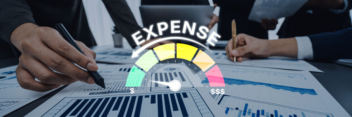 Professionals engage in a collaborative workspace, analyzing expense reports and financial metrics to drive informed business decisions and enhance budget management. Trope