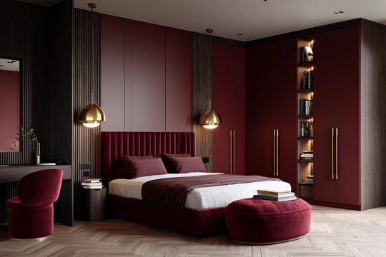 Modern bedroom design in deep red and gold tones