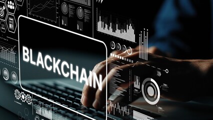 Modern Technology Concept with Hands Typing on Laptop Surrounded by Blockchain Data Visualizations and Diagrams. Asymptotic smart data analytic.