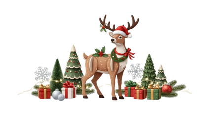Christmas reindeer with festive decorations and gifts