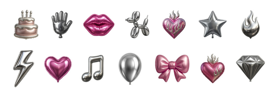 Metallic balloon style 3d icons set with inflated glossy figures including hearts lips bow star lightning music symbols isolated for modern digital design and playful visual concepts