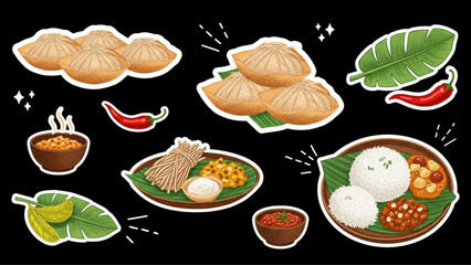 Sri Lankan Food Halftone Collage Cutout Elements with Tropical Retro Mixed Media Vector Style on Black Background