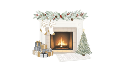 Cozy Christmas fireplace with stockings gifts and tree