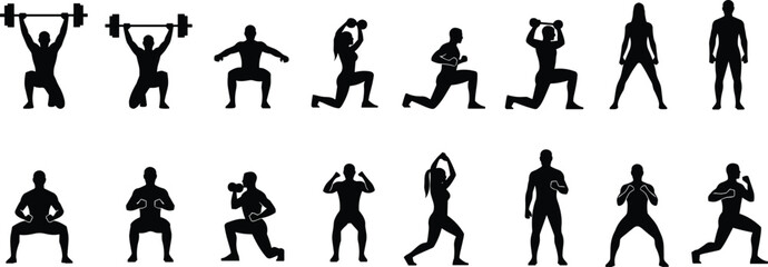 Fitness training silhouette exercise poses, gym workout icons, strength training bodyweight exercises, athletic men full body movement set, sport routine health illustration black figures white 