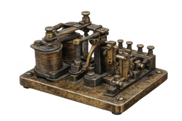 Antique telegraph machine on transparent background, metal details