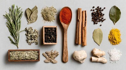 Bird&rsquo;s-eye view of herbs and spices on a plain background, used as cooking ingredients	
