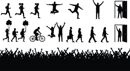 Human activity silhouettes set, showing walking running jumping cycling crowd celebration social lifestyle movement people icons isolated white background vector illustration design collection concept