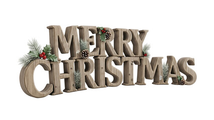 Wooden Merry Christmas text with pine cones and holly