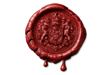 Vintage red wax seal with heraldic design on a transparent background